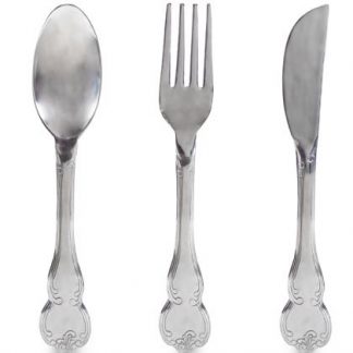 This superb set of large silver wall cutlery hangs easily on any wall and is perfect in any kitchen. H102 x W16 x D3cm each . Perfecto!
