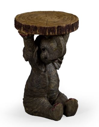 This grey elephant side table can be used as a lamp table or a bedside table too. Measures 52 x 36 x 36cm and is an elephant sitting down holding a slice of tree trunk above his head