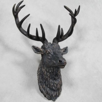 large bronzed stag head wall hanging black and bronze with antlers