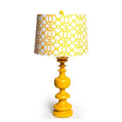 Stunning mustard yellow column lamp- super styled, finished with a white drum shade with a geometric pattern. 68 x 50 x 50cm