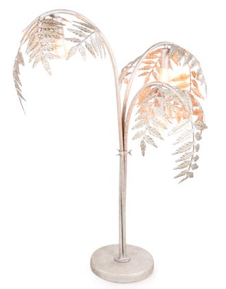 This super silver palm leaf lamp is the perfect table lamp. Painted 'fronds' attached to 3 stems. 3 x E14 bulbs. Great value, colour, finish. 86 x 60 x 60cm