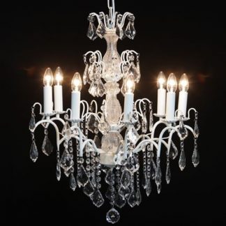 A gorgeous 8 branch white french chandelier. Dripping with glass droplets. H70 xW60 x D60cm (not include chain or ceiling fixings) Fabulous value and style.
