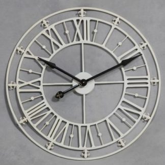 This medium sized cream skeleton clock has fabulous roman numerals and is hand finished with a crackle effect all over. The hands are black. Takes one AA battery and measures 76 x 76cm