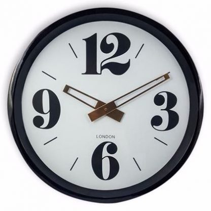This super stylish black large retro clock has a glossy black frame, clear white face and gold numerals and hands. 61 x 61 x 6cm. A wonderful quality clock. Fab value.