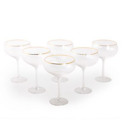 Super stylish and elegant champagne coupe glasses set! Perfectly formed, delicately ribbed with fine gold rim. Uber Cool! 18 x 13 x 13cm
