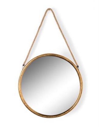 This large round gold mirror on rope is a superb feature mirror. Great value for money. Measures at 58 x 58 x 2.8cm (plus rope) Great in the hallway or loo.