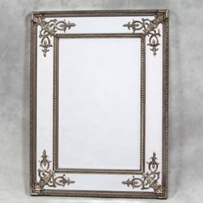 large square silver French mirror great colour bevelled edges with ornate detailing in the corners