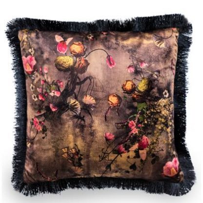 This black pink floral cushion has a lovely pattern that is enhanced by the black fringed edge. Highlights of pink and orange. 45 x 45cm. Great value too!