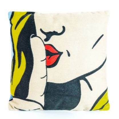 This 43cm embroidered pop art cushion depicts a lady saying OMG!! Embroidered in black and yellow, this cushion will bring fun to your home.