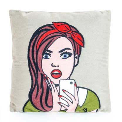 This 43cm embroidered art cushion depicts a girl going What!! Embroidered in green, brown and red this will bring fun to any home.