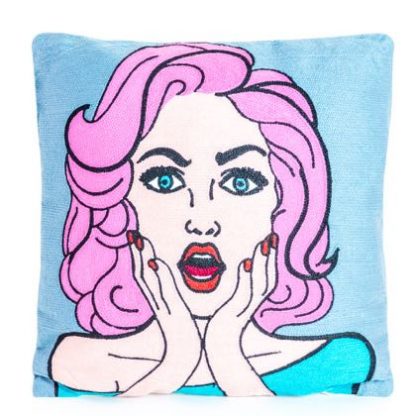 This 43cm pop art cushion depicts a lady saying OMG!! Embroidered in bright turqoise and pinks, this cushion will bring fun to your home.