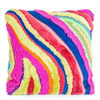 Loud and proud multicoloured patchwork 45cm cushion. Made from recycled textiles that make a wavy pattern of different textures. 45 x 45cm