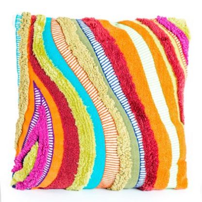 Loud and proud multicoloured patchwork cushion. Made from recycled textiles that make a wavy pattern of different textures. 45 x 45cm