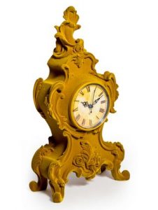 Super flock yellow ornate clock. Traditional mantle clock with a twist or 2! Its colour and fabric are super touchy feely. 22 x 42 x 11cm