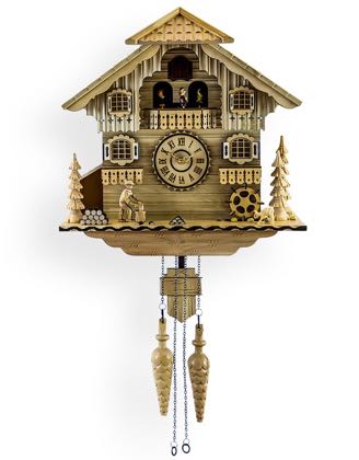 Wonderfully crafted wooden bavarian cuckoo clock. Made of light coloured wood, with moving figures and a singing cuckoo. 39 x 39 x 18cm. Great gift.