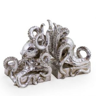 pair of silver octopus bookends are painted resin and each one measures 20 x 13 x 15cm