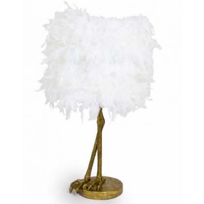 The pair of gold painted bird legs have a stunning fluffy white feather drum shade on top! Measures 79 x 40 x 40 cm . Super quality and value.