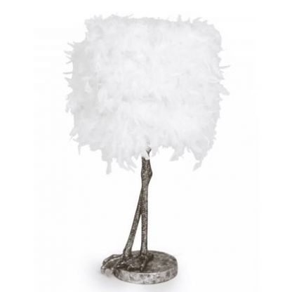 Feather silver legs lamp, features a pair of silver painted birds legs as the base with a white feather drum shade above. 79 x 40 x 40cm