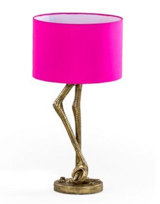 pink flamingo legs lamp has a gold base with a bright pink shade onto measures 55 x 31 x 31cm