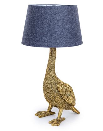 This gold goose table lamp is unique,quirky and stylish. H65 x W30.5 x D30.5cm and (requires 1 x E27 large Edison screw bulb) Gold painted highly textured.