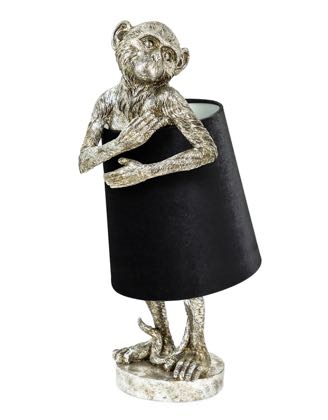 This super cute antique silver bashful monkey table lamp with a black drum shade is bursting with awesomeness. 55.5 x 23 x 23cm. Great fun and value!