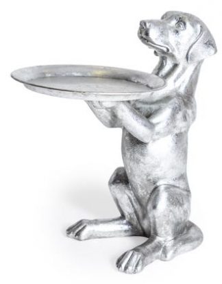 Adorable silver dog butler stand is perfect for displaying plants or hold drinks and nibbles. Made of resin, painted finish. 43 x 38 x 27cm
