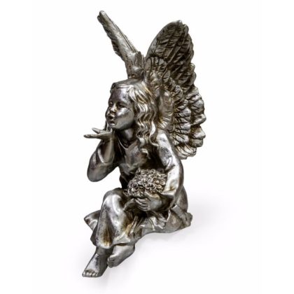 This superb antiqued silver sitting angel ornament is blowing you a kiss. Fabulous quality, detail and colour. Adorable! 17 x 41 x 20cm. The Perfect gift!