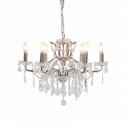 This medium sized chrome shallow chandelier 6 branch works brilliantly in any home and blends seamlessly into any scheme. Measures 48 x 64 x 64cm