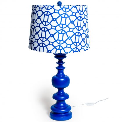 Brilliant blue patterned column lamp- super styled, finished with a white drum shade with a geometric pattern. 68 x 50 x 50cm