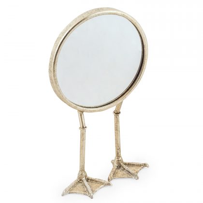 This quirky silver bird leg mirror is sure to be noticed! Made of metal and hand finished in silver paint, a great gift!  H36 x W20 x D14cm. Super value