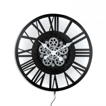 Our Black skeleton backlit clock with moving gears, is lit up by LED lights. H60 x W60 x D10cm. Nice size, great value, will look fab in the kitchen.
