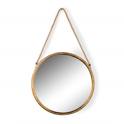 This large round gold mirror on rope is a superb feature mirror. Great value for money. Measures at 58 x 58 x 2.8cm (plus rope) Great in the hallway or loo.