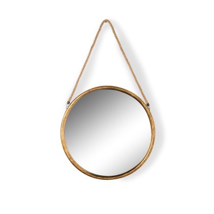 This gold round mirror on rope is a superb feature mirror. Good value for money. Gold painted frame with simple rope. 46 x 46 x 2.8cm (plus rope) Lovely