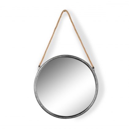 This large round silver mirror on rope is a superb feature mirror. Great value for money. 58 x 58 x 2.8cm (plus rope)Total 100cm Great in the hallway.