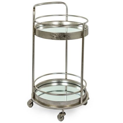 Add glamour with this silver leaf small drinks trolley. Perfectly formed, this round trolley has two mirrored shelve . 77 x 42 x 42cm. Perfect for parties!
