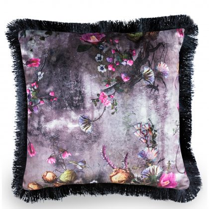 This superb grey floral cushion has a sumptuous black fringe. Purple and pink tones in the distinctive velvet patterned material. 45 x 45cm. Great value!