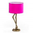 pink flamingo legs lamp has a gold base with a bright pink shade onto measures 55 x 31 x 31cm