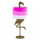 pink flamingo table lamp with gold paint finish to the legs below and the head above the pink and white shade