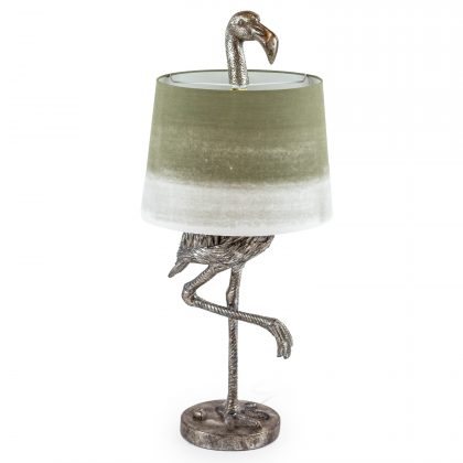 This stylish silver flamingo table lamp has a sage green grey drum shade and is magnificently finished and detailed. Measures 81 x 36 x 36cm . Great value.