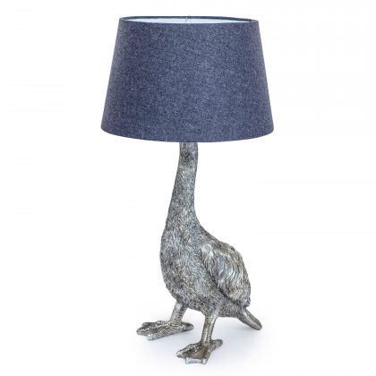 This silver goose table lamp is unique,quirky and stylish. H65 x W30.5 x D30.5cm and (requires 1 x E27 ) Silver painted highlytextured goose body and feet.