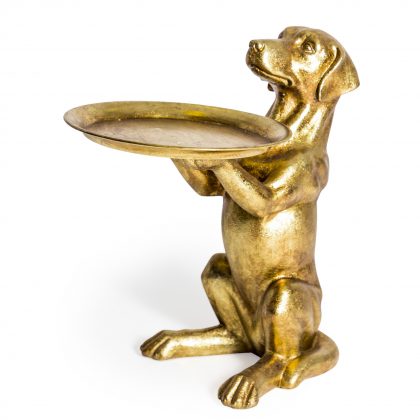 Adorable gold dog butler stand is perfect for displaying plants or hold drinks and nibbles. Made of resin, painted finish. 43 x 38 x 27cm