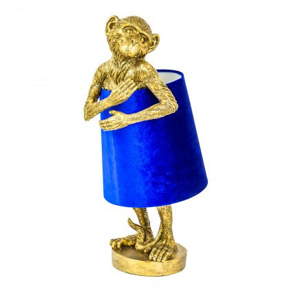 This super cute antique gold monkey table lamp with a royal velvet blue shade is bursting with awsomeness. Measures 55.5 x 23 x 23cm. Great fun and value!