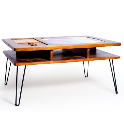 Our quirky  retro TV coffee table- is unique. Have the 70's in your home. Veneered retro detail, metal hairpin legs. 50 x 100 x 70cm