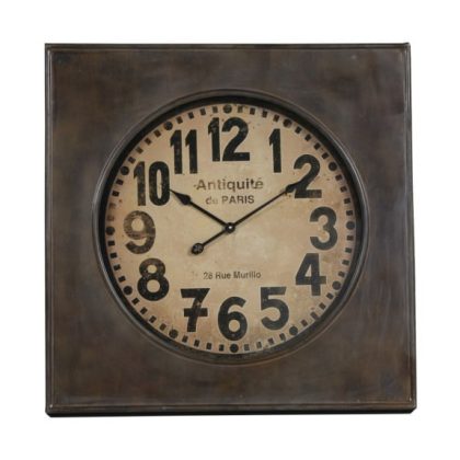 This large square clock is made of metal has industrial lines and French styling. Superb quality, finish and detail. Glazed round face. 80 x 80 x 7.5cm