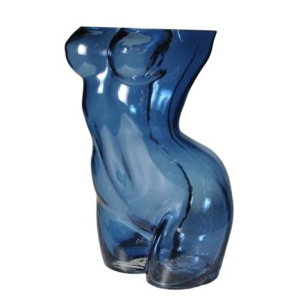 Something curvaceous for your home, this curvy female body glass vase. A super clear blue glass. Holds flowers real or faux. 17 x 18 x 28cm Kermiche