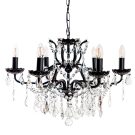 This superb shallow black 6 branch chandelier is adorned with crystals. Comes with Gold and black candle sleeves. Style and elegance ! 48 x 64 x 64cm