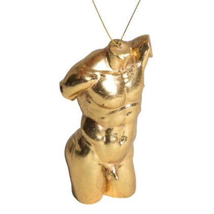 Get some classical style on your Christmas tree this year with our gold male torso bauble. 13 x 5 x 6cm. Great detailing, colour and value!