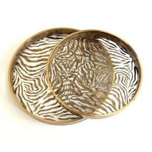 2 Dark Gold and Glass Zebra Print Trays