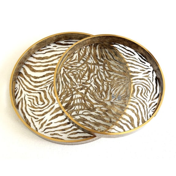 2 Dark Gold and Glass Zebra Print Trays
