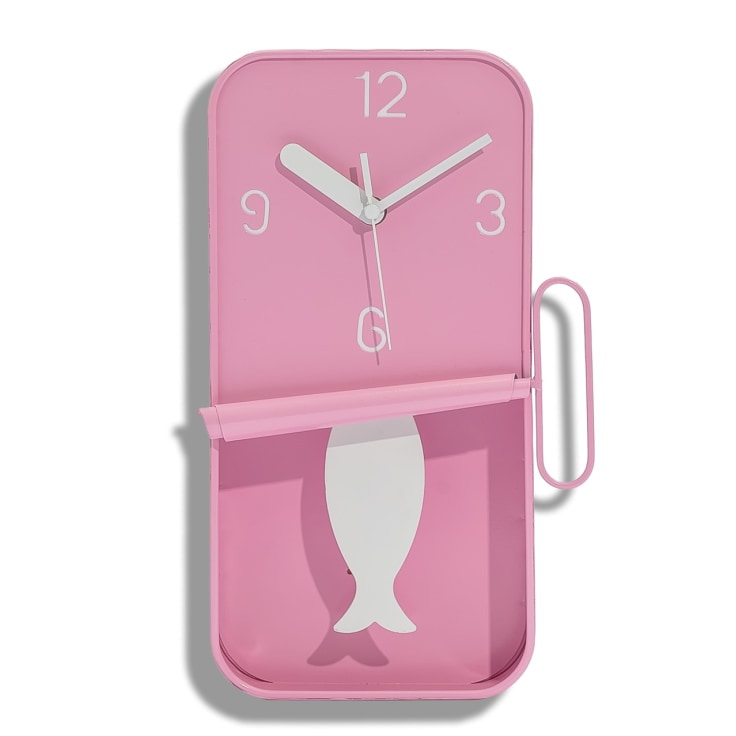 This superb soft pink sardine tin clock is an absolute gem! White fish tail and white hands. Perfect in the kitchen. 30 x 18 x 6cm. Great value.
